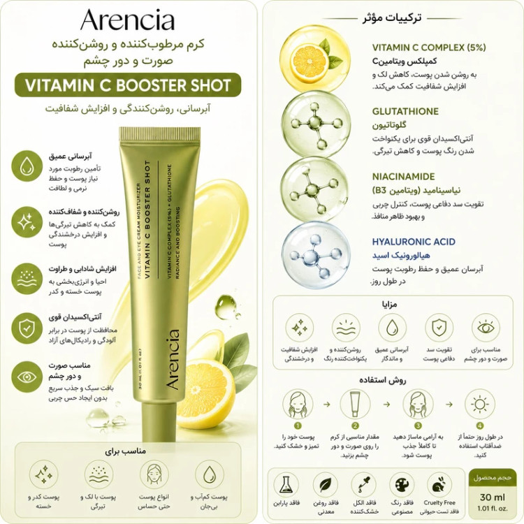 کرم روشنکننده صورت آرنسیا مدل Vitamin C Booster Shot مناسب برای انواع پوست حجم 30 میلیلیتر